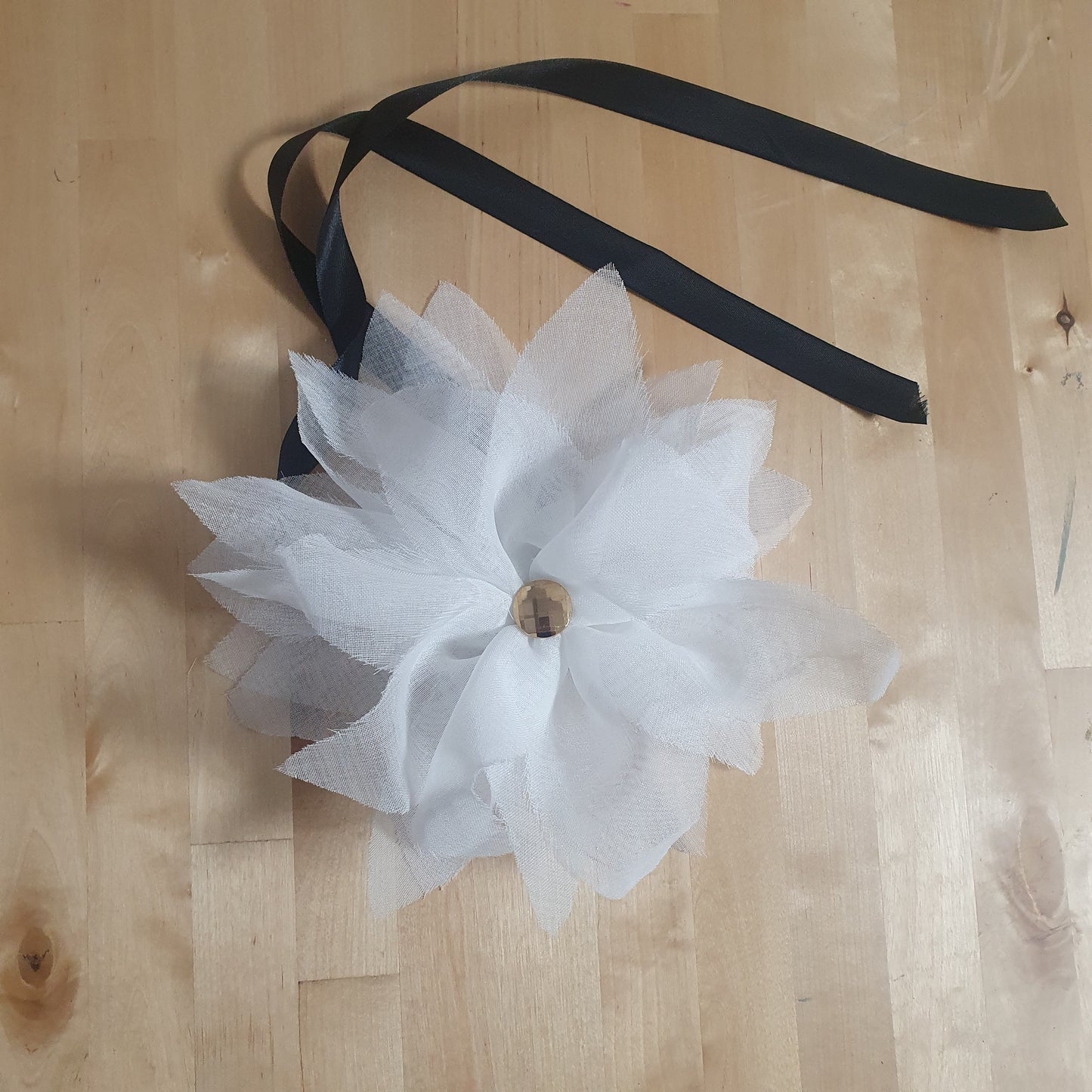10" White Flower Corsage with Gold Centre, Handmade Recycled Material, Black Ribbon closure