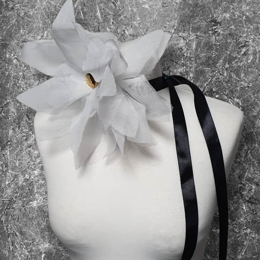 10" White Flower Corsage with Gold Centre, Handmade Recycled Material, Black Ribbon closure