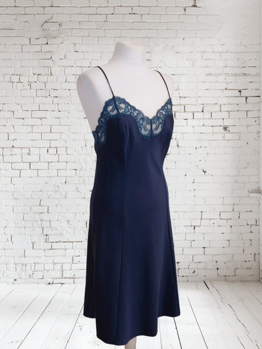 Vintage Navy 1960s St Michaels Satin Slip Lingerie Dress UK 12