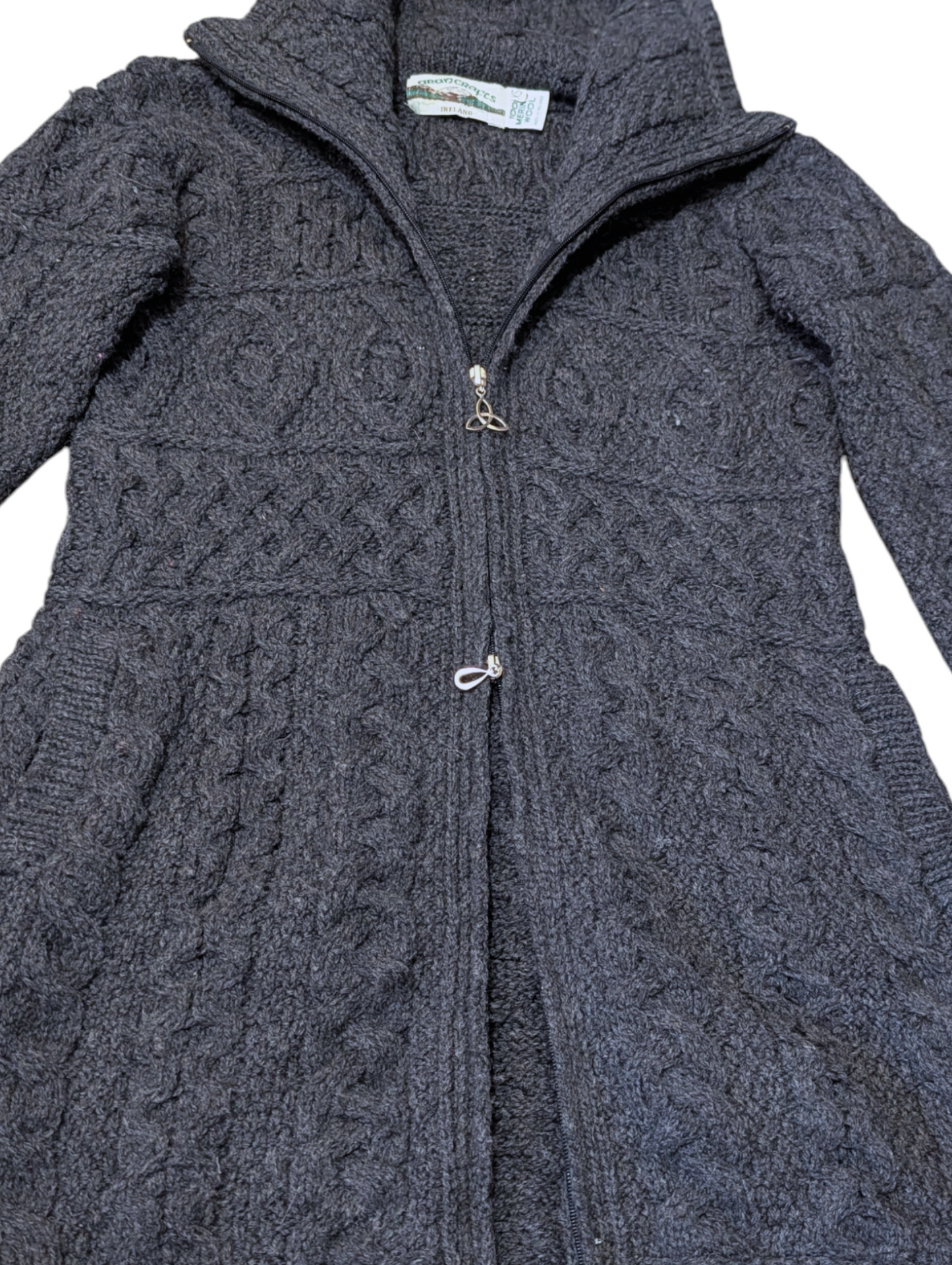 Vintage Aran Zip Up Dark Grey Funnel Neck Cardigan Medium