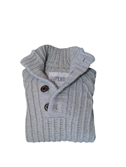 Super Dry Preloved Grey Button Funnel Neck Zip Up Knitted Jumper Medium