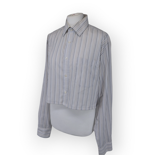 Preloved - Cropped Marks & Spencer - Grey , Beige & White Stripe Shirt - Long Sleeve - XL
