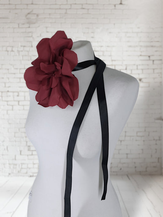 8.5" Red Flower Corsage with Black Ribbon and removable Hair Slide Handmade Recycled Material, Hair Slide