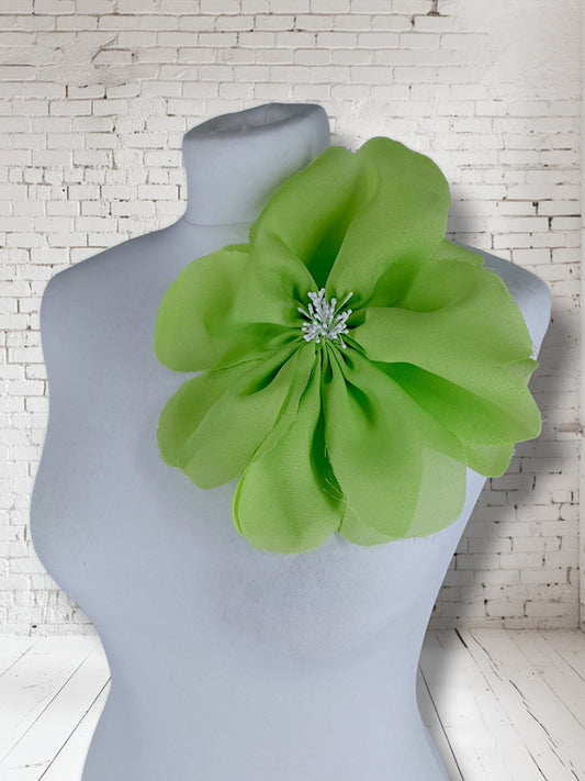 8.5" Lime Green Flower Corsage Handmade Recycled Material, Hair Slide