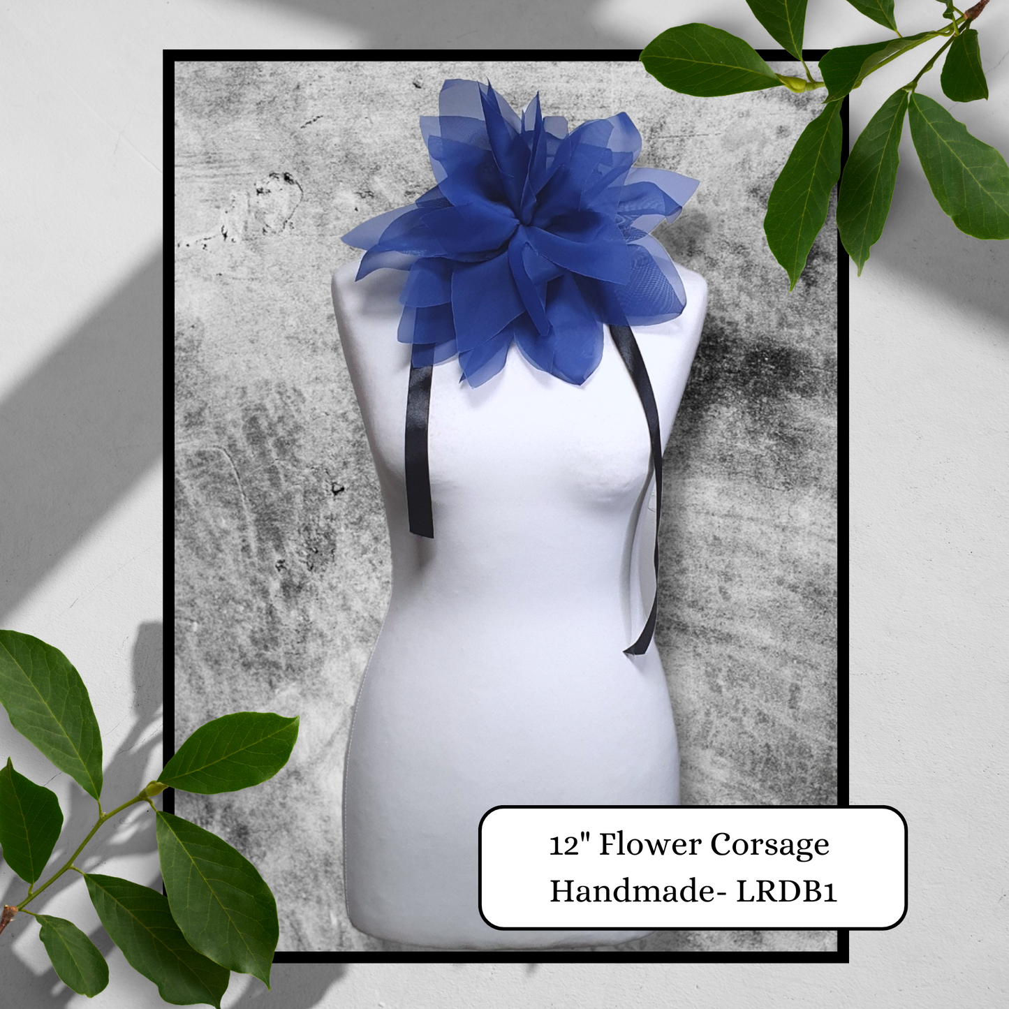 12" Blue Flower Corsage, Handmade Recycled Material, Black Ribbon closure