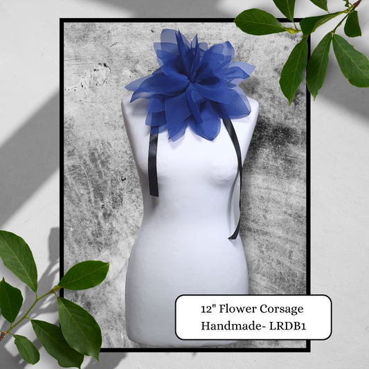 12" Blue Flower Corsage, Handmade Recycled Material, Black Ribbon closure