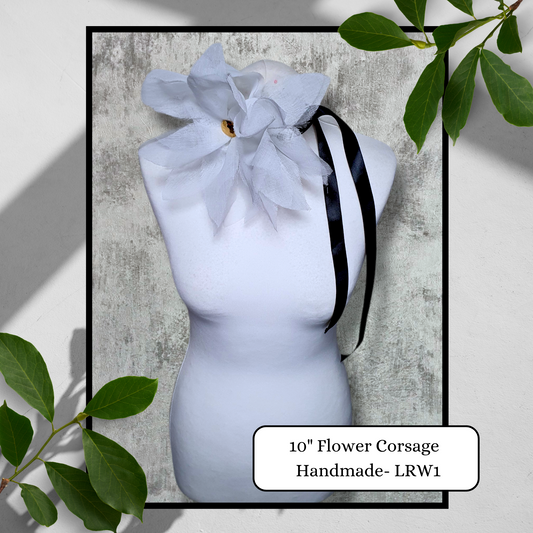 10" White Flower Corsage with Gold Centre, Handmade Recycled Material, Black Ribbon closure