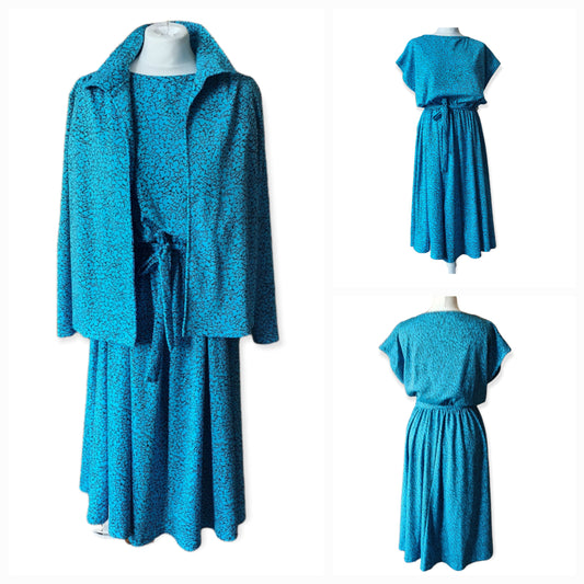 Vintage Tea Dress With Matching Jacket 80s does 50s Printed Handmade UK14-16