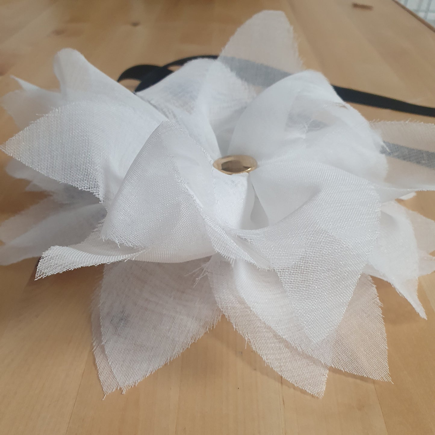 10" White Flower Corsage with Gold Centre, Handmade Recycled Material, Black Ribbon closure