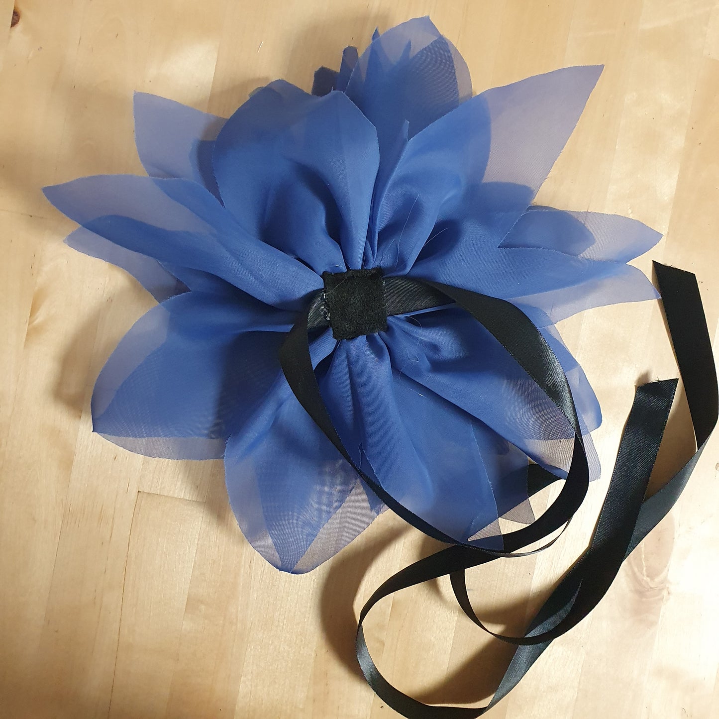 12" Blue Flower Corsage, Handmade Recycled Material, Black Ribbon closure