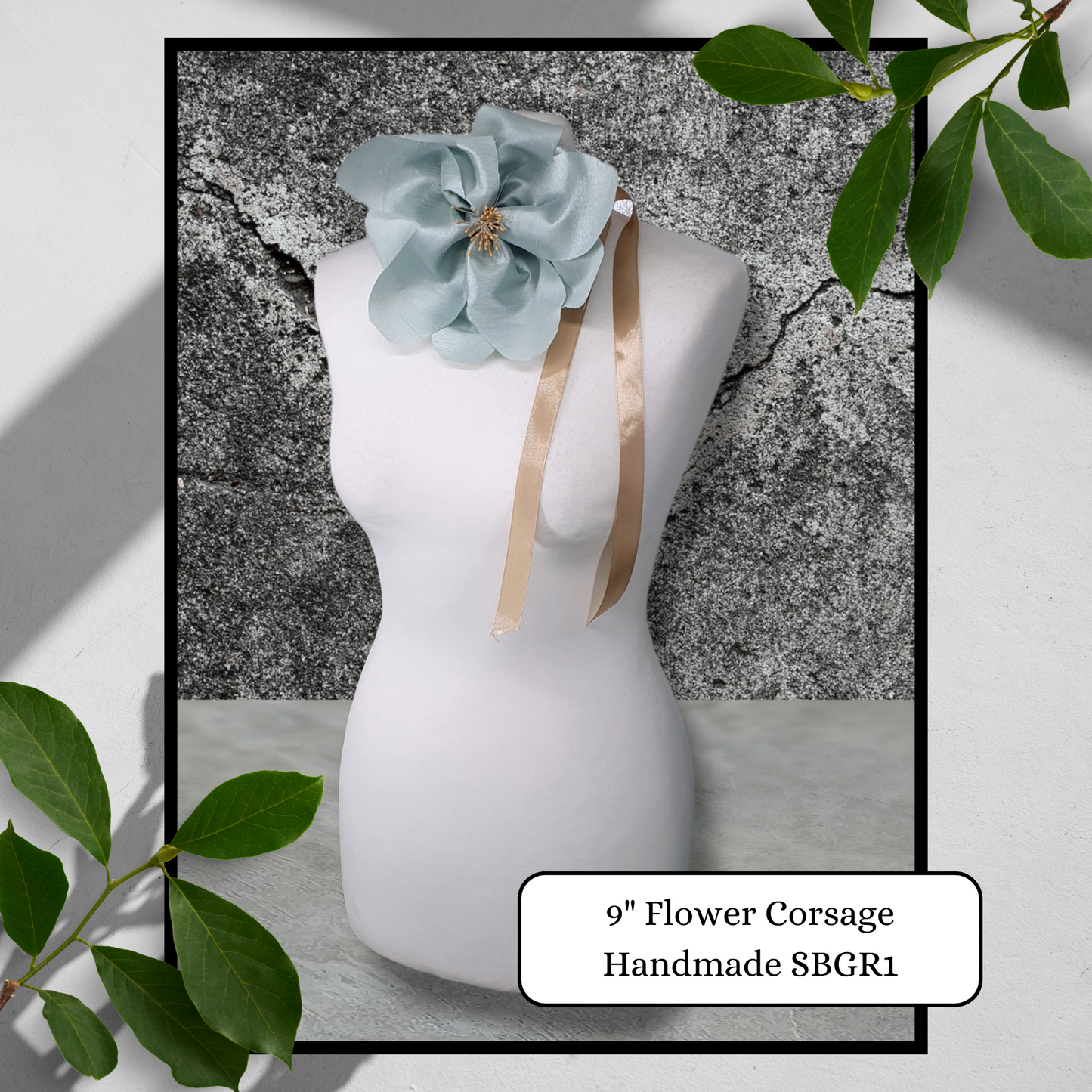 9" Flower Corsage Handmade Recycled Material, Ribbon Tie, Gold &  Baby Blue
