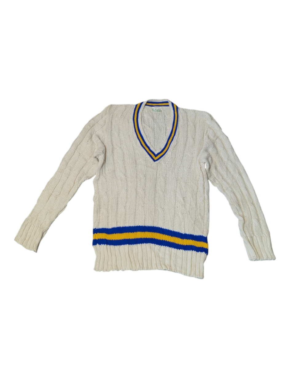 Lily Whites Vintage Preppy Cable Knit Jumper V-Neck with Blue and Yellow Trim Medium