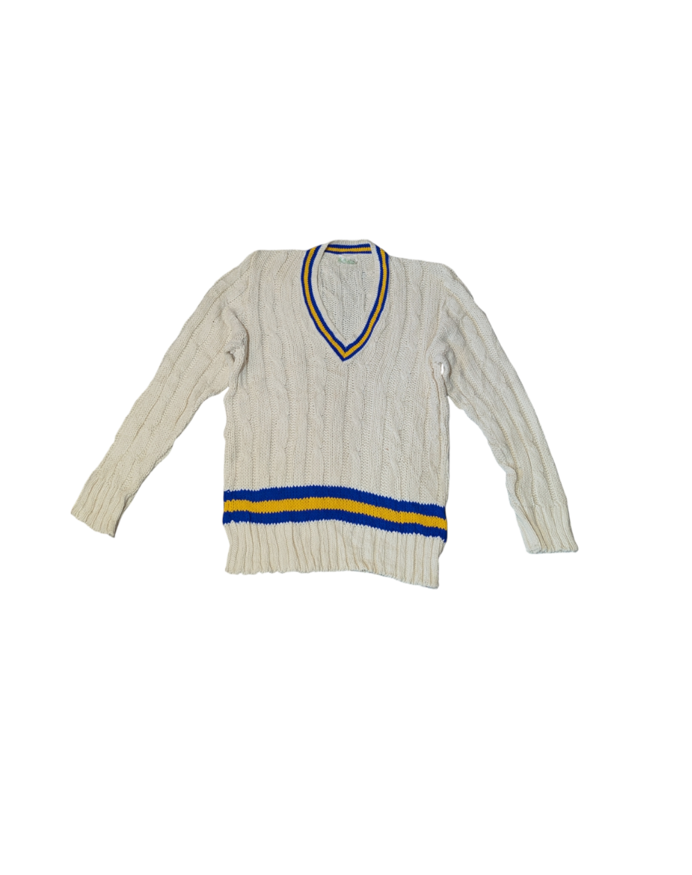 Lily Whites Vintage Preppy Cable Knit Jumper V-Neck with Blue and Yellow Trim Medium