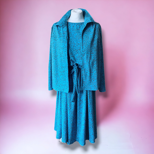 Vintage Tea Dress With Matching Jacket 80s does 50s Printed Handmade UK14-16