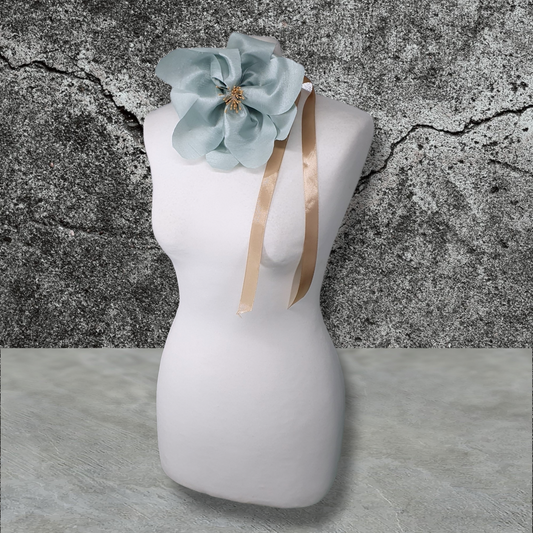 9" Flower Corsage Handmade Recycled Material, Ribbon Tie, Gold &  Baby Blue