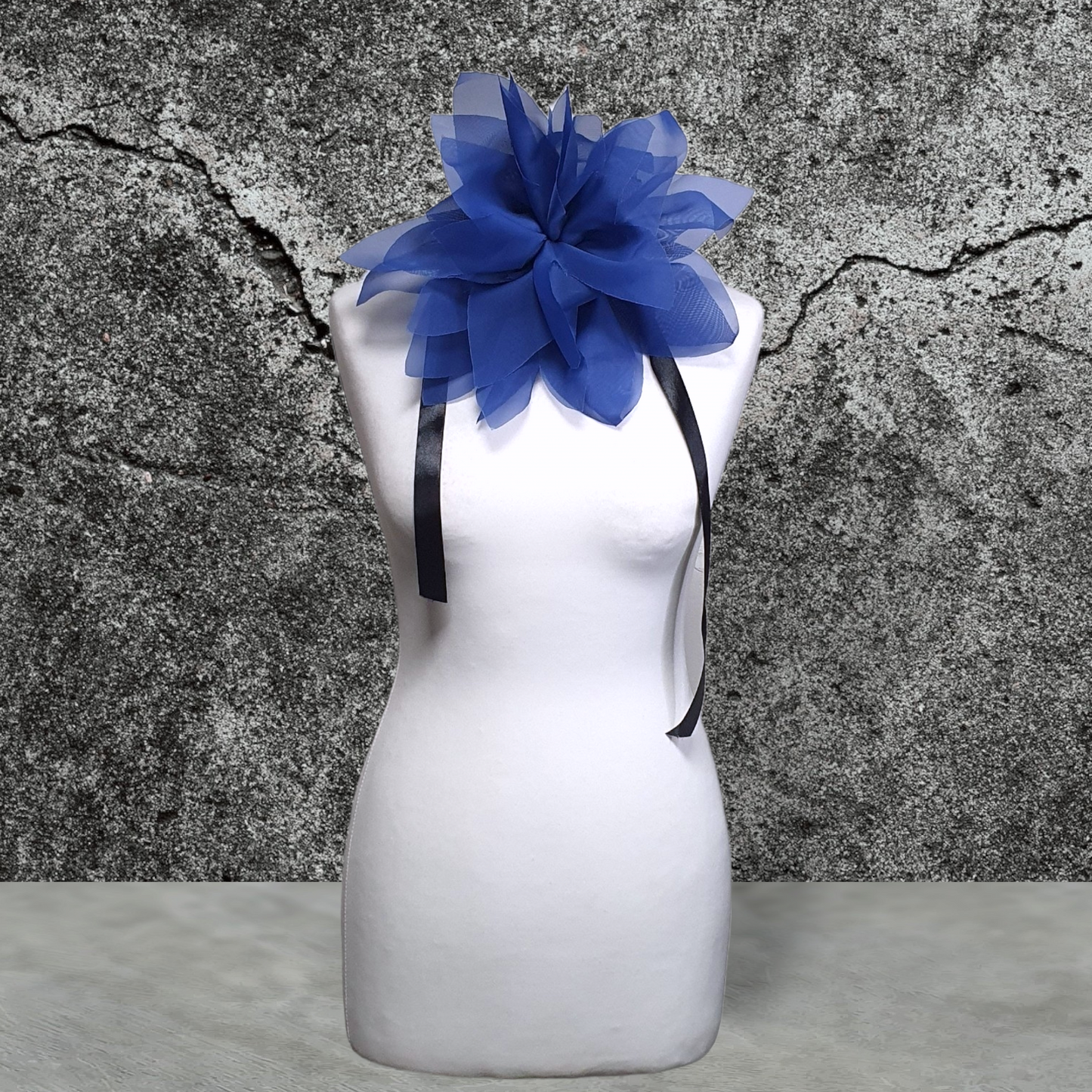 12" Blue Flower Corsage, Handmade Recycled Material, Black Ribbon closure