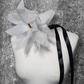 10" White Flower Corsage with Gold Centre, Handmade Recycled Material, Black Ribbon closure