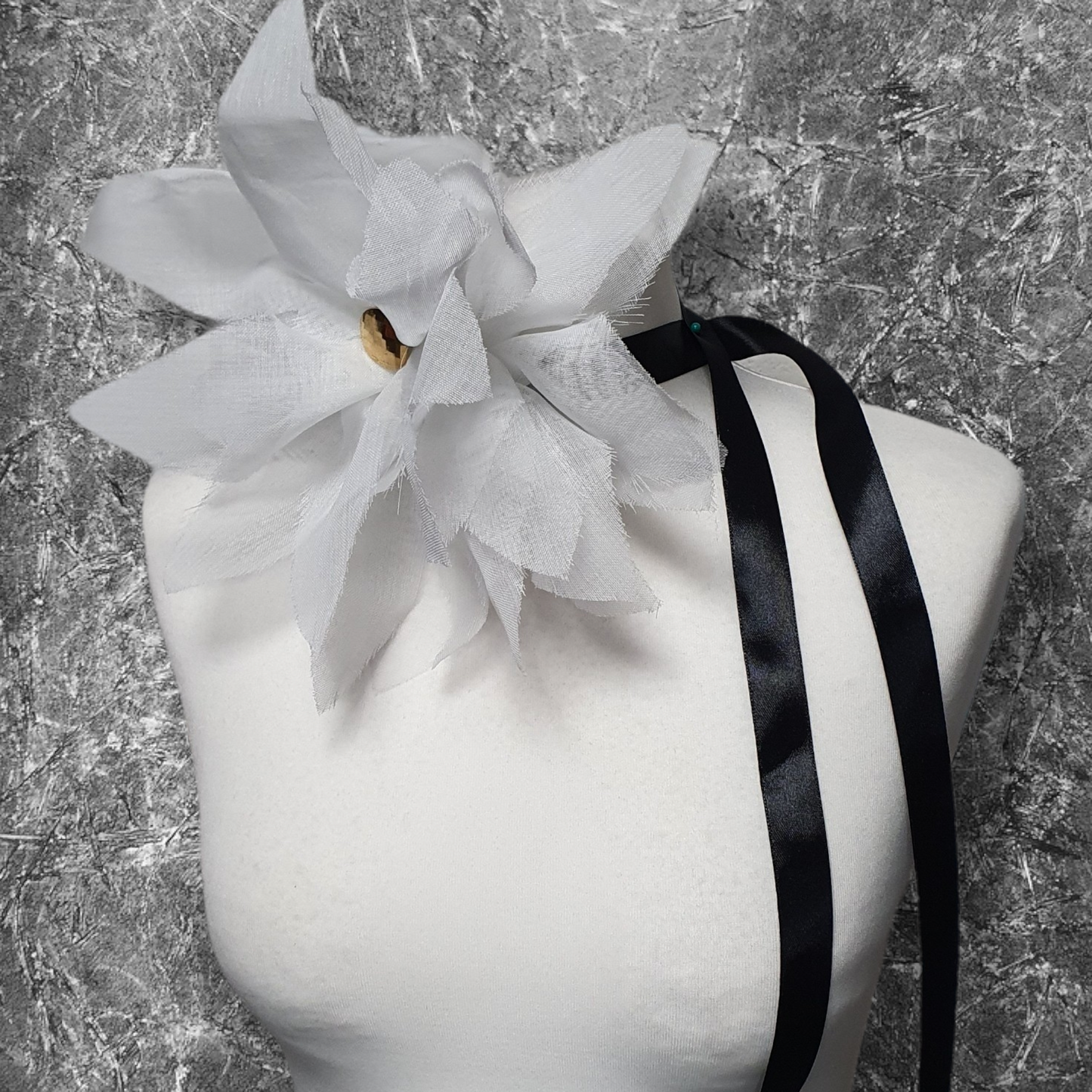 10" White Flower Corsage with Gold Centre, Handmade Recycled Material, Black Ribbon closure