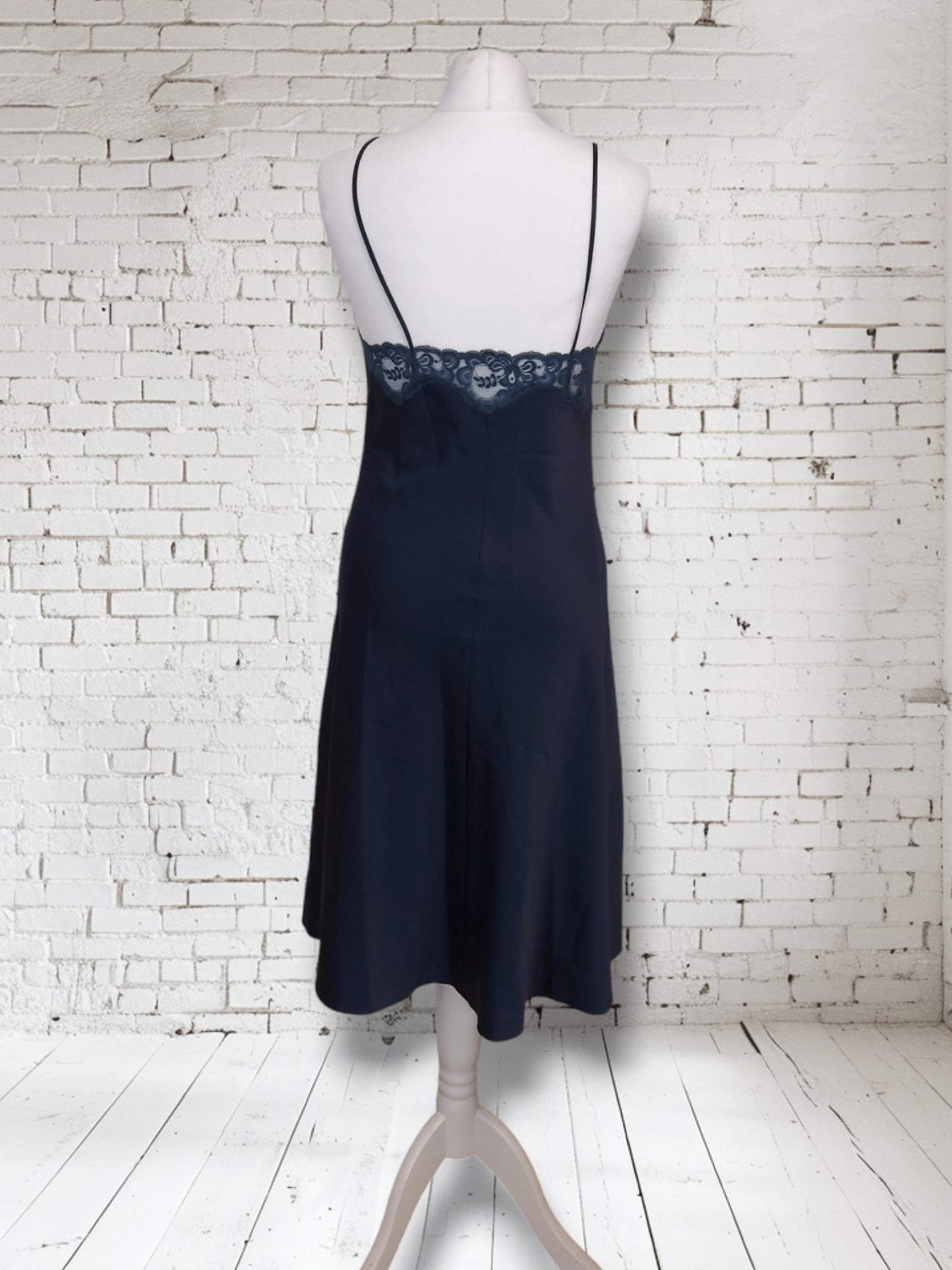 Vintage Navy 1960s St Michaels Satin Slip Lingerie Dress UK 12