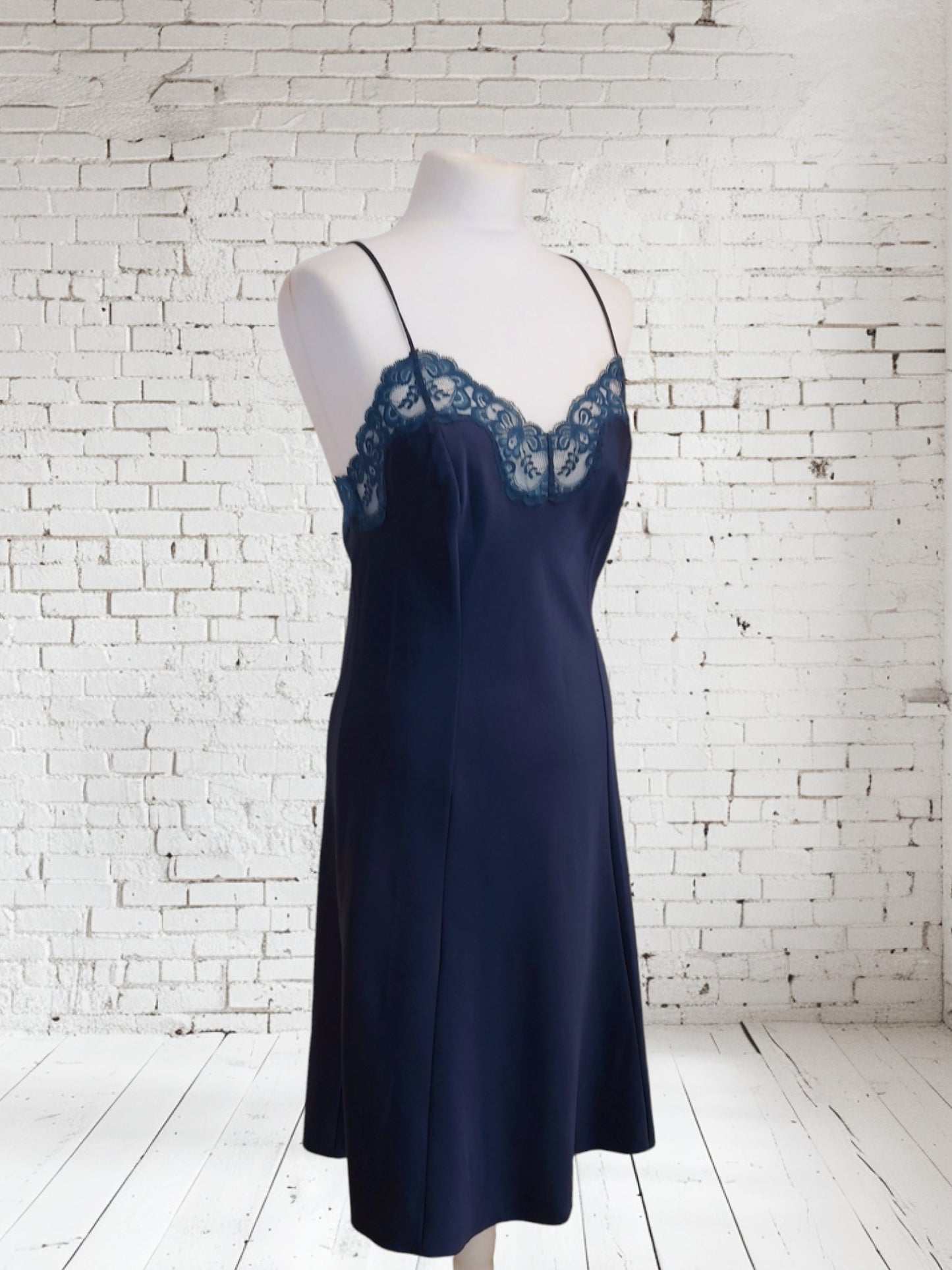 Vintage Navy 1960s St Michaels Satin Slip Lingerie Dress UK 12