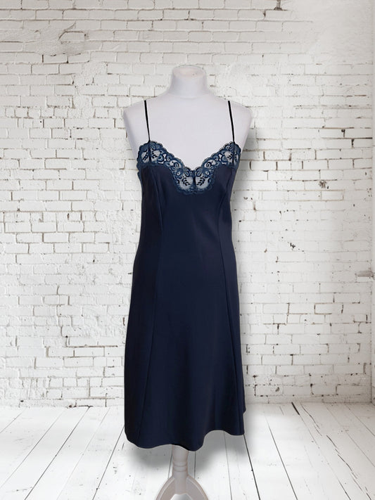 Vintage Navy 1960s St Michaels Satin Slip Lingerie Dress UK 12