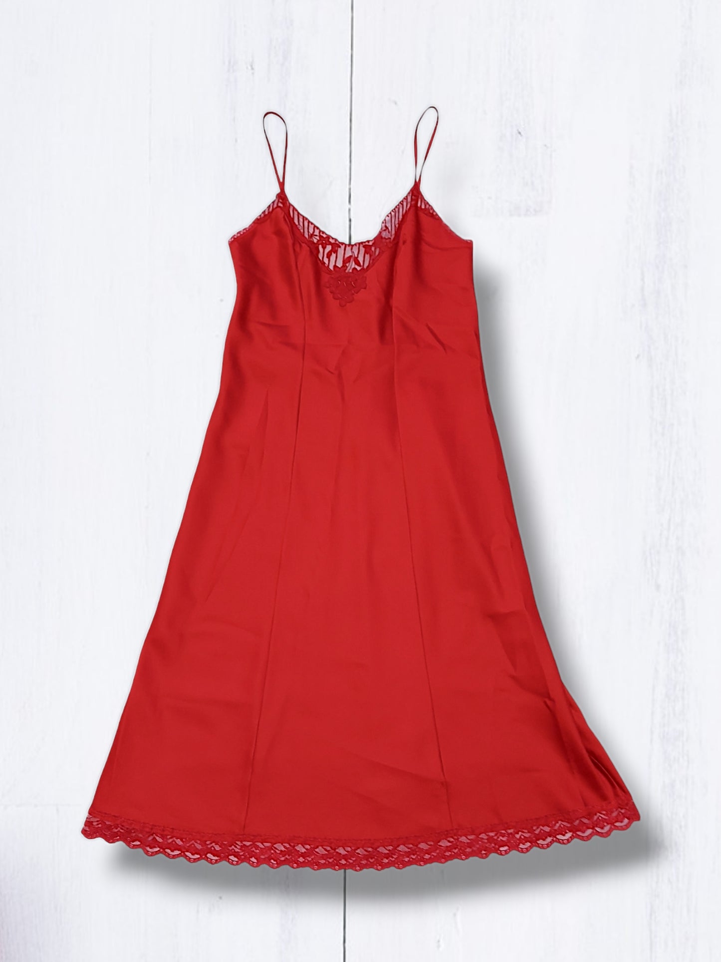 Vintage 1960s St Michael Red Satin Slip Lingerie Dress With Lace Trim UK8