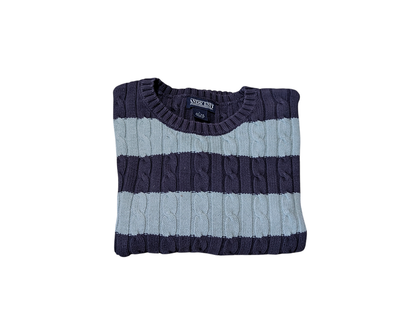 Lands End Large Preloved V-Neck Cable Knit Sweater and Blue Stripe