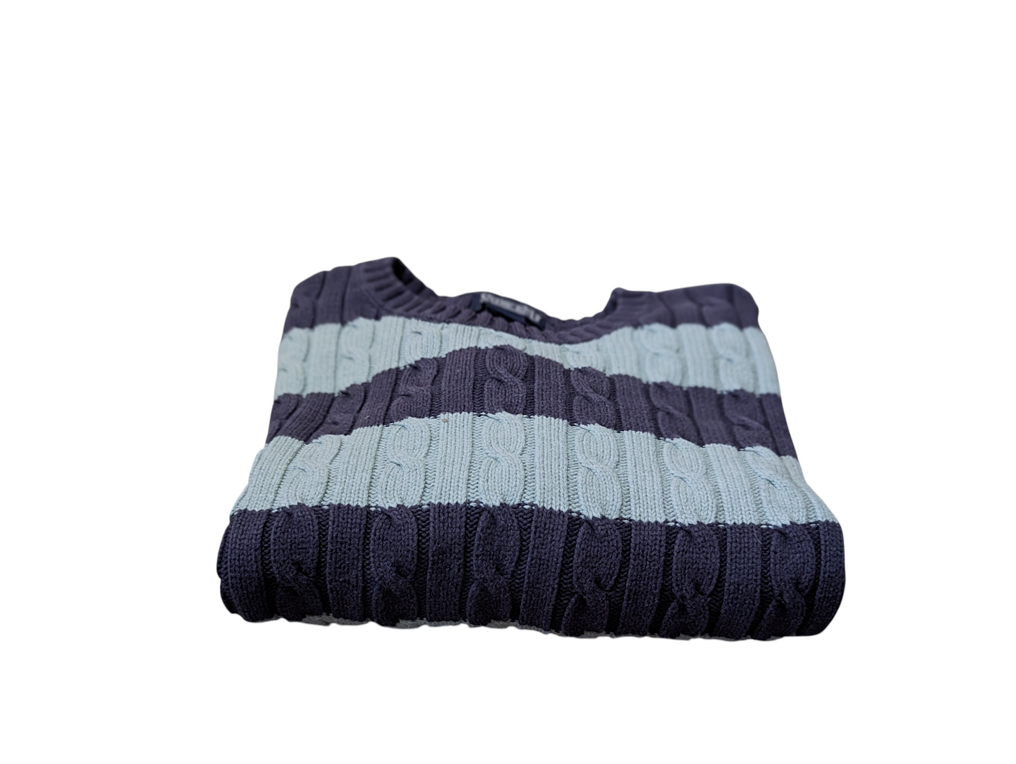 Lands End Large Preloved V-Neck Cable Knit Sweater and Blue Stripe