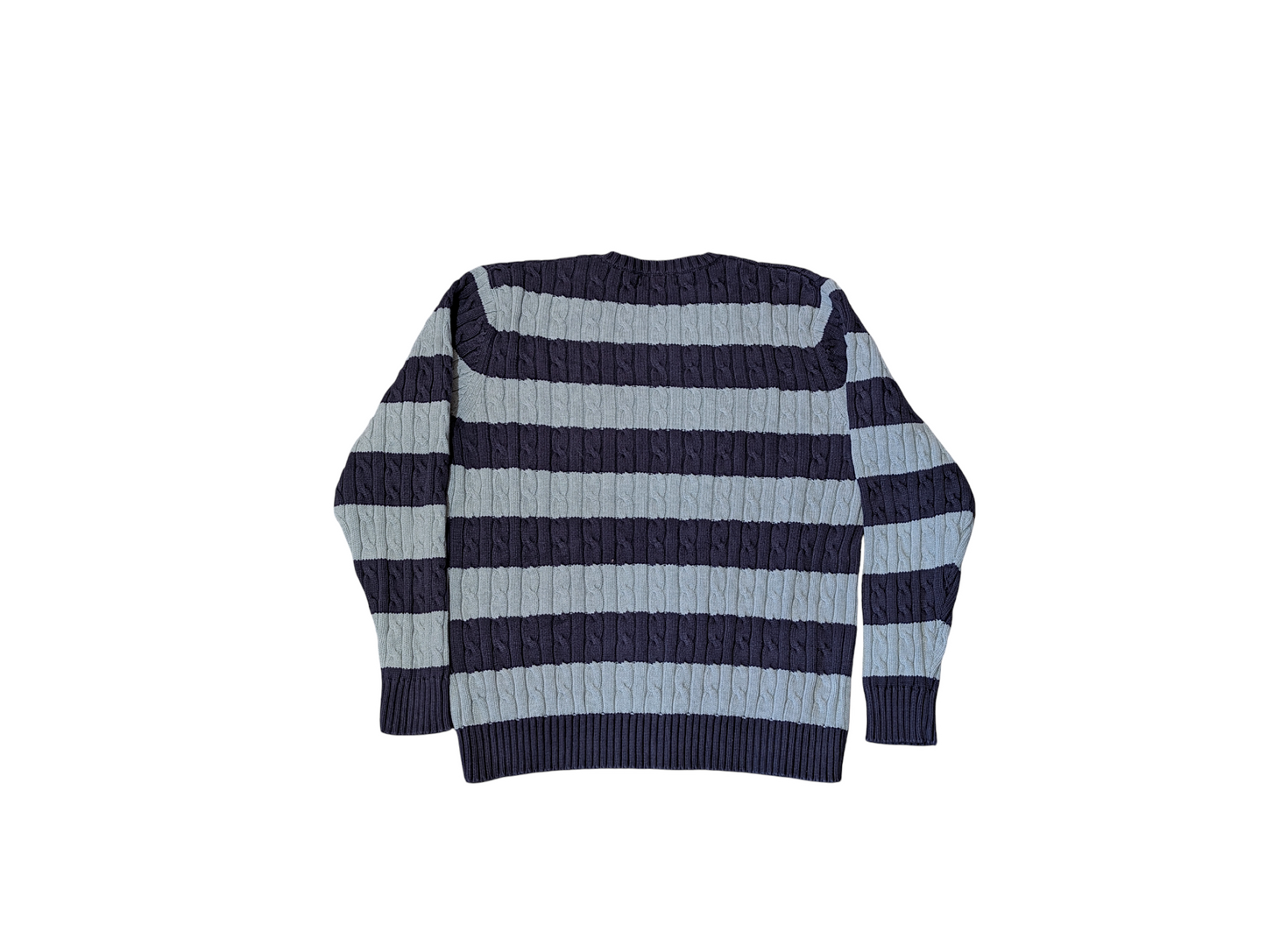 Lands End Large Preloved V-Neck Cable Knit Sweater and Blue Stripe