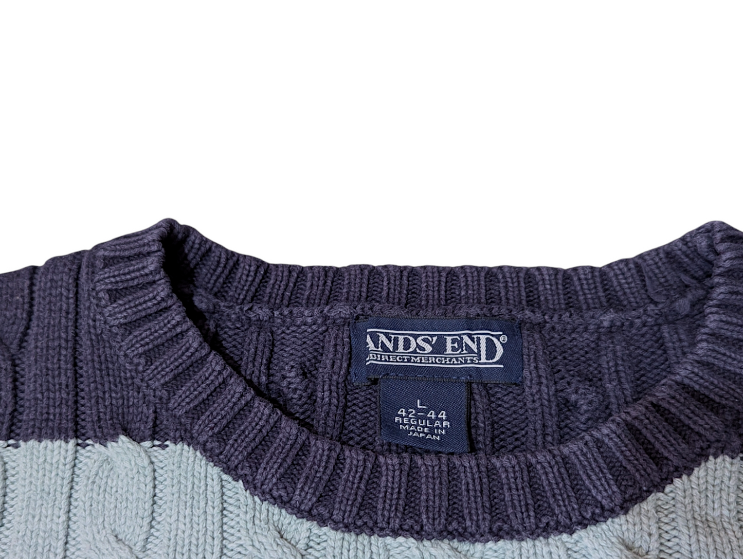 Lands End Large Preloved V-Neck Cable Knit Sweater and Blue Stripe