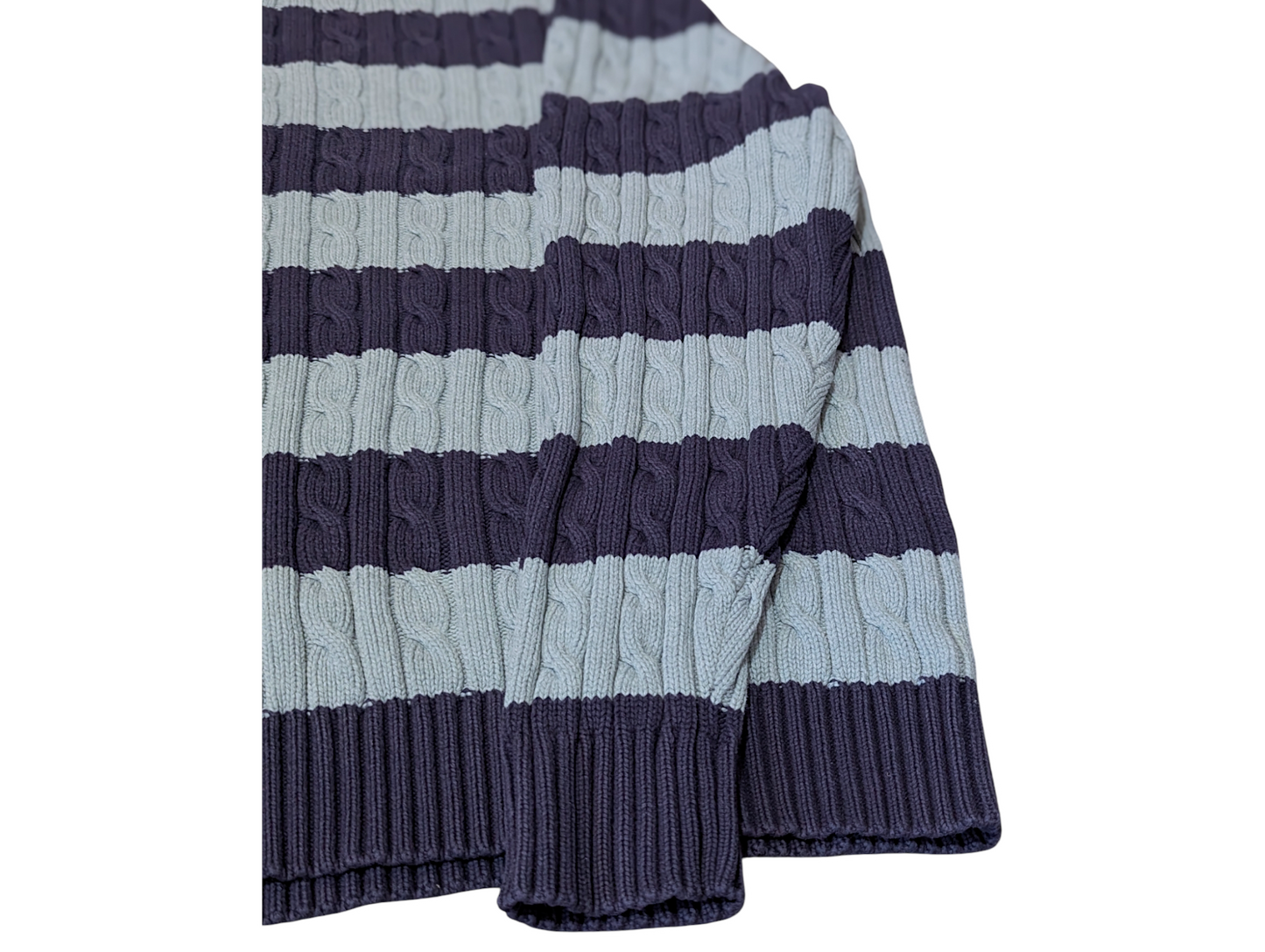 Lands End Large Preloved V-Neck Cable Knit Sweater and Blue Stripe