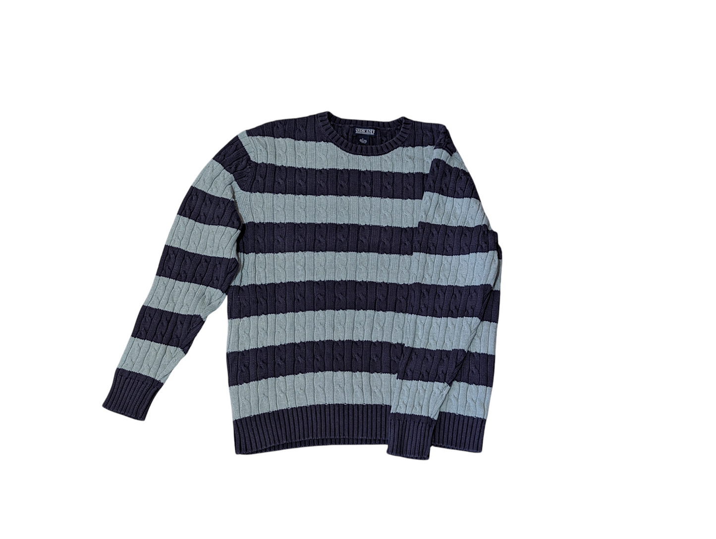 Lands End Large Preloved V-Neck Cable Knit Sweater and Blue Stripe