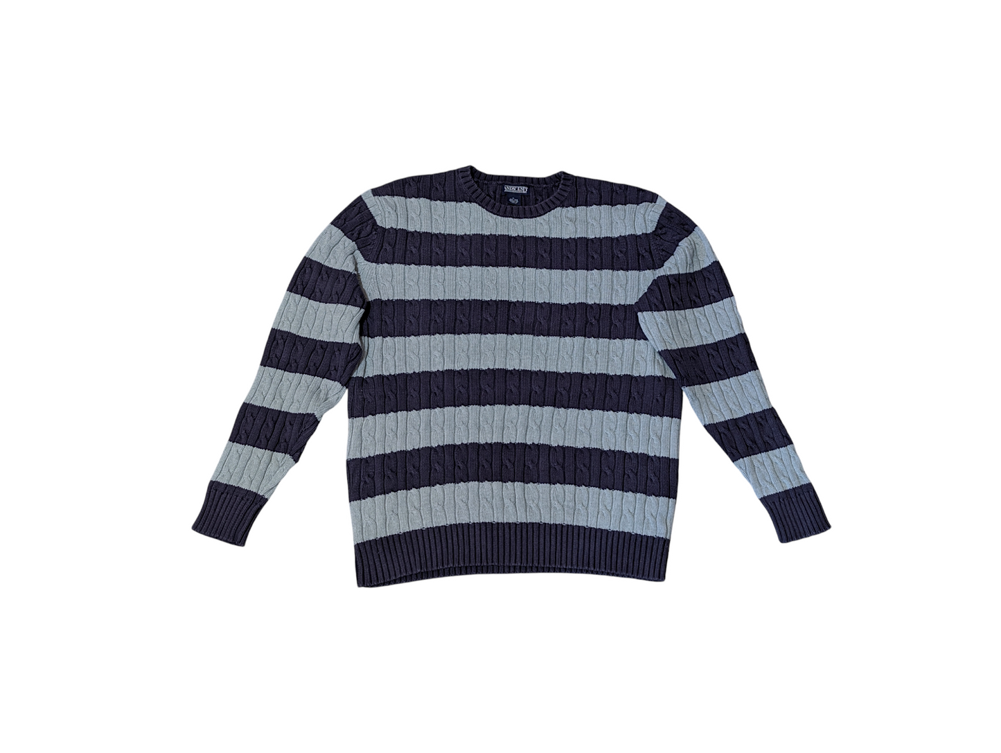 Lands End Large Preloved V-Neck Cable Knit Sweater and Blue Stripe