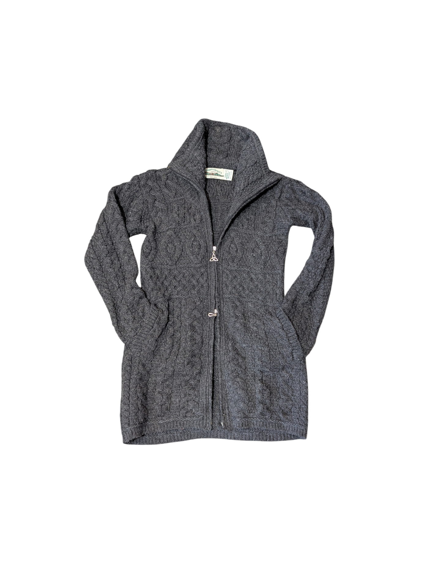 Vintage Aran Zip Up Dark Grey Funnel  Neck Cardigan Medium