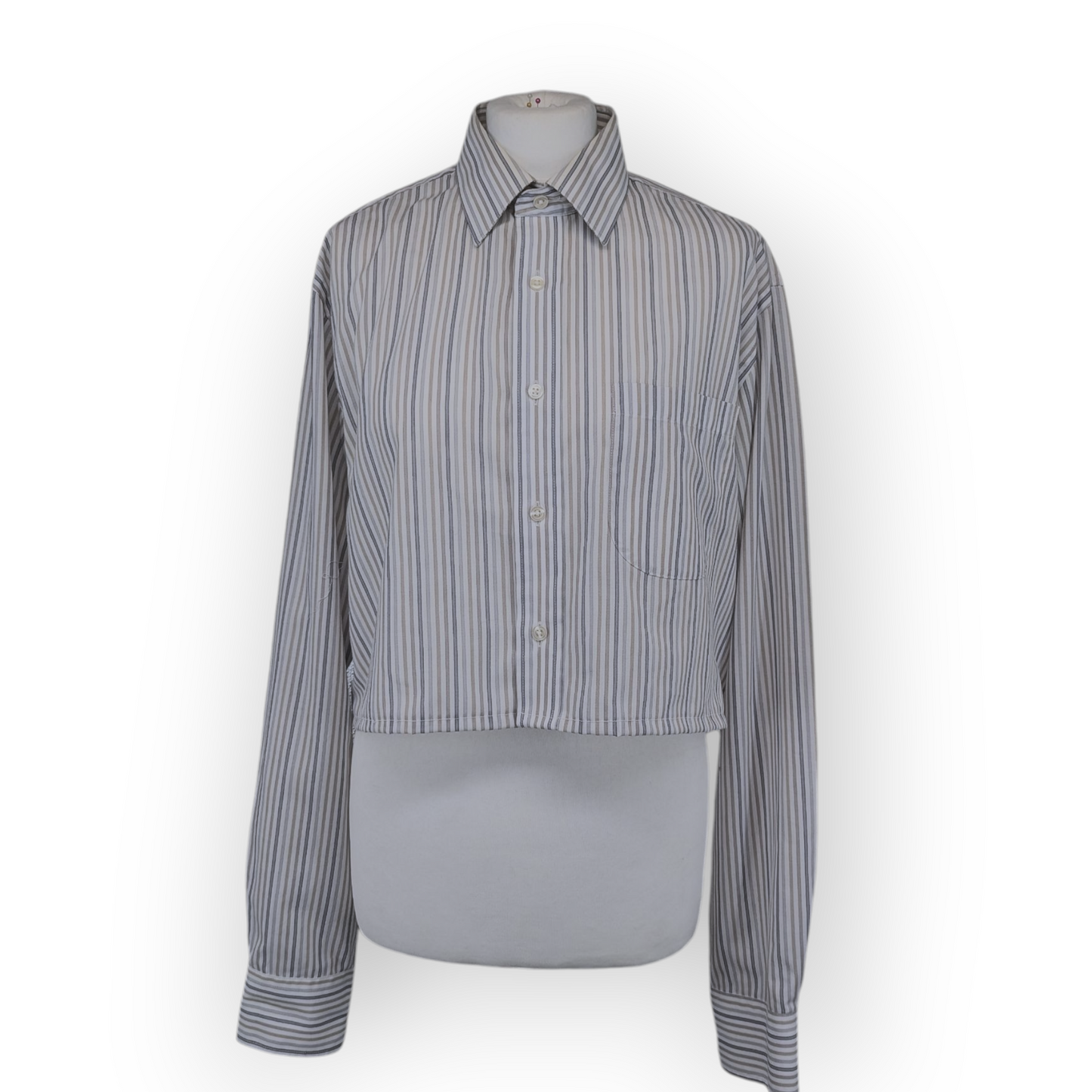 Preloved - Cropped Marks & Spencer - Grey , Beige & White Stripe Shirt - Long Sleeve - XL