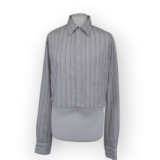 Preloved - Cropped Marks & Spencer - Grey , Beige & White Stripe Shirt - Long Sleeve - XL