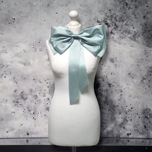 12" XL Fabric Bow Handmade Recycled Material, Pin Back, Shoulder Brooch