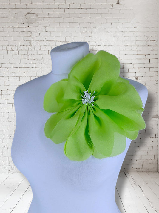8.5" Lime Green Flower Corsage Handmade Recycled Material, Hair Slide