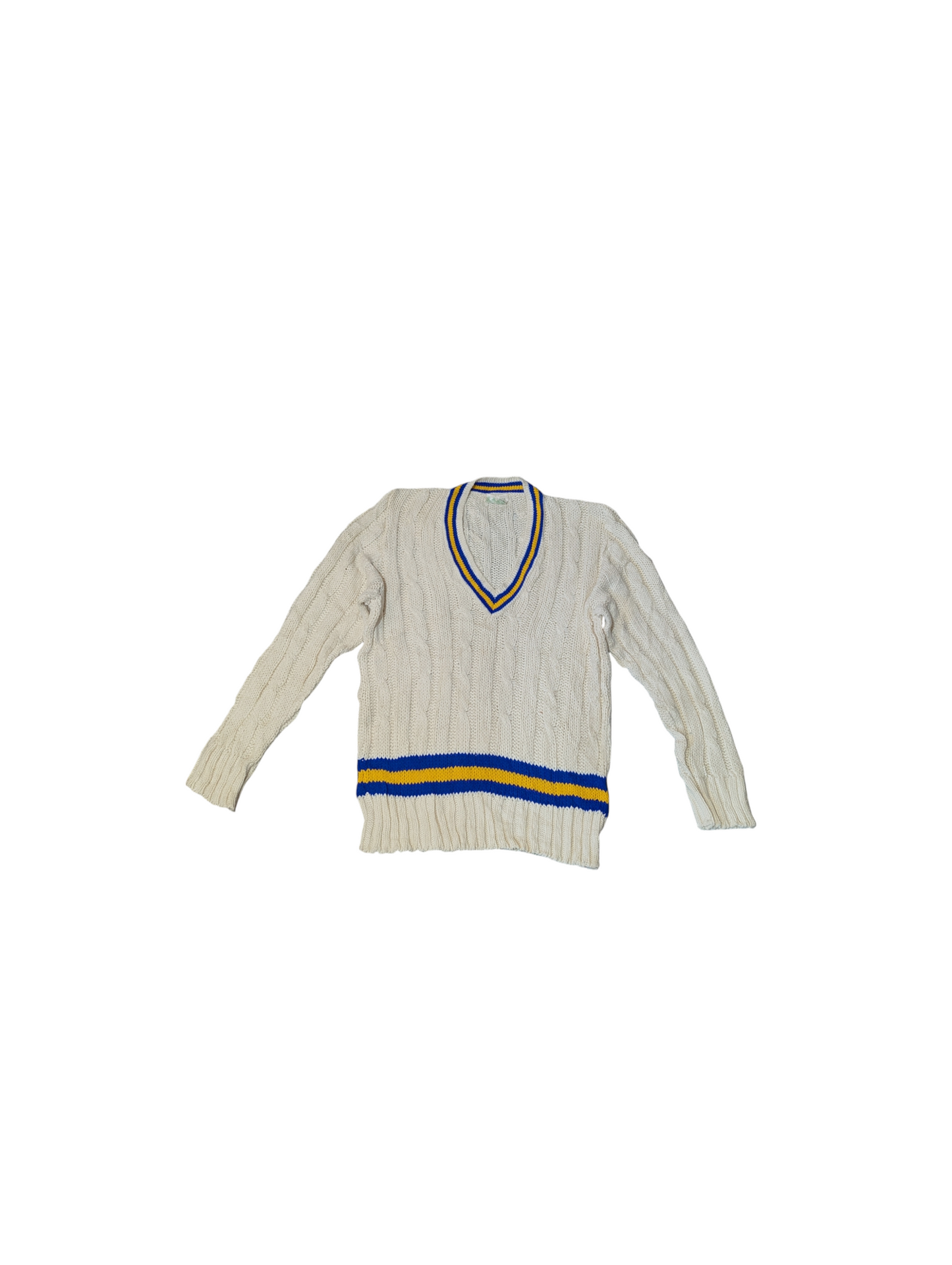 Lily Whites Vintage Preppy Cable Knit Jumper V-Neck with Blue and Yellow Trim Medium