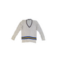 Lily Whites Vintage Preppy Cable Knit Jumper V-Neck with Blue and Yellow Trim Medium