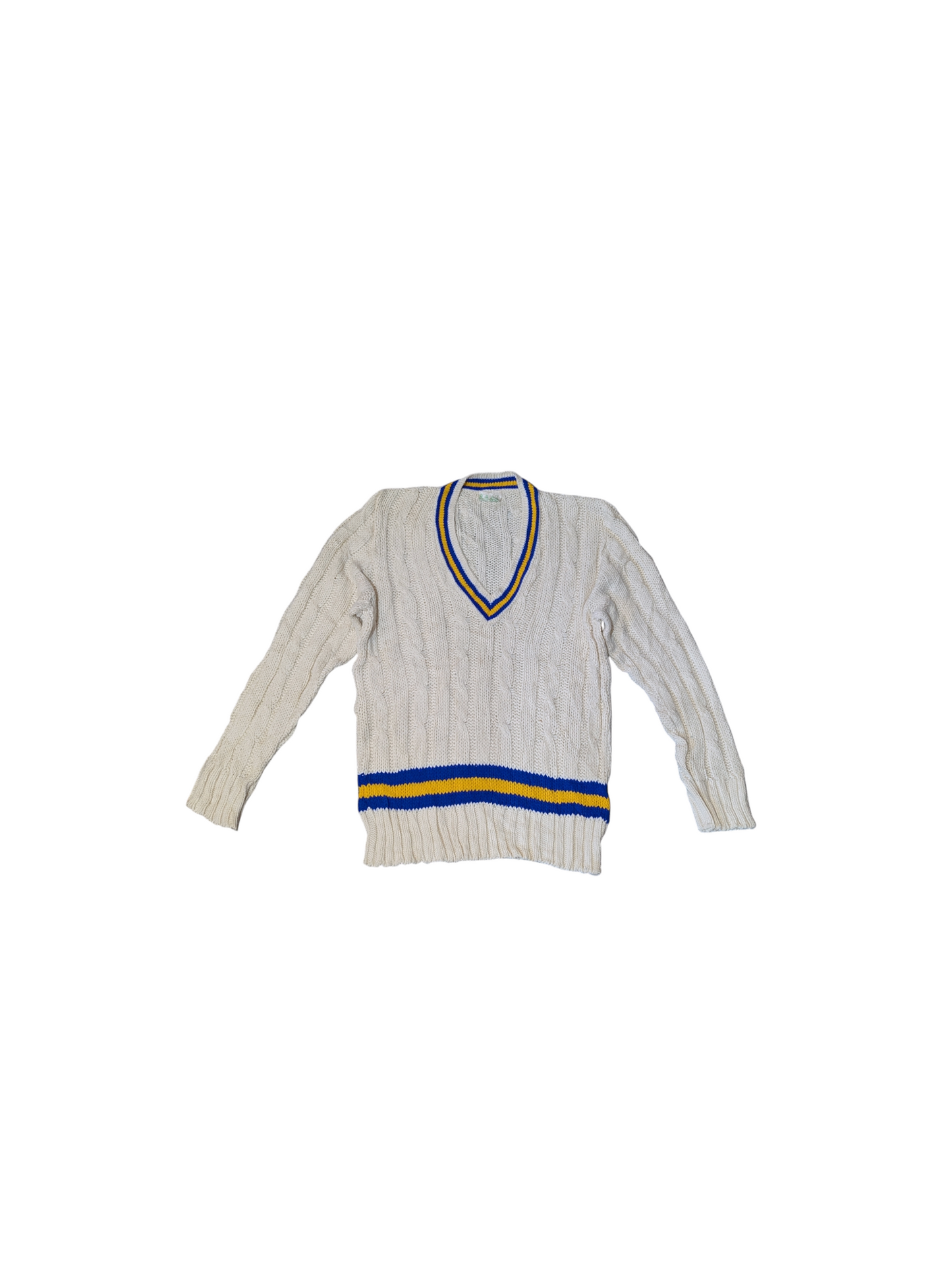 Lily Whites Vintage Preppy Cable Knit Jumper V-Neck with Blue and Yellow Trim Medium