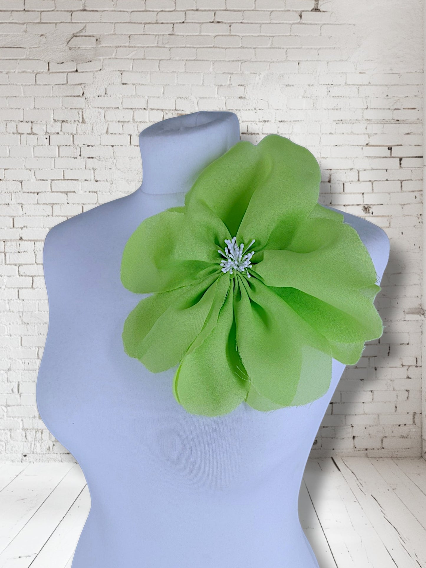 8.5" Lime Green Flower Corsage Handmade Recycled Material, Hair Slide