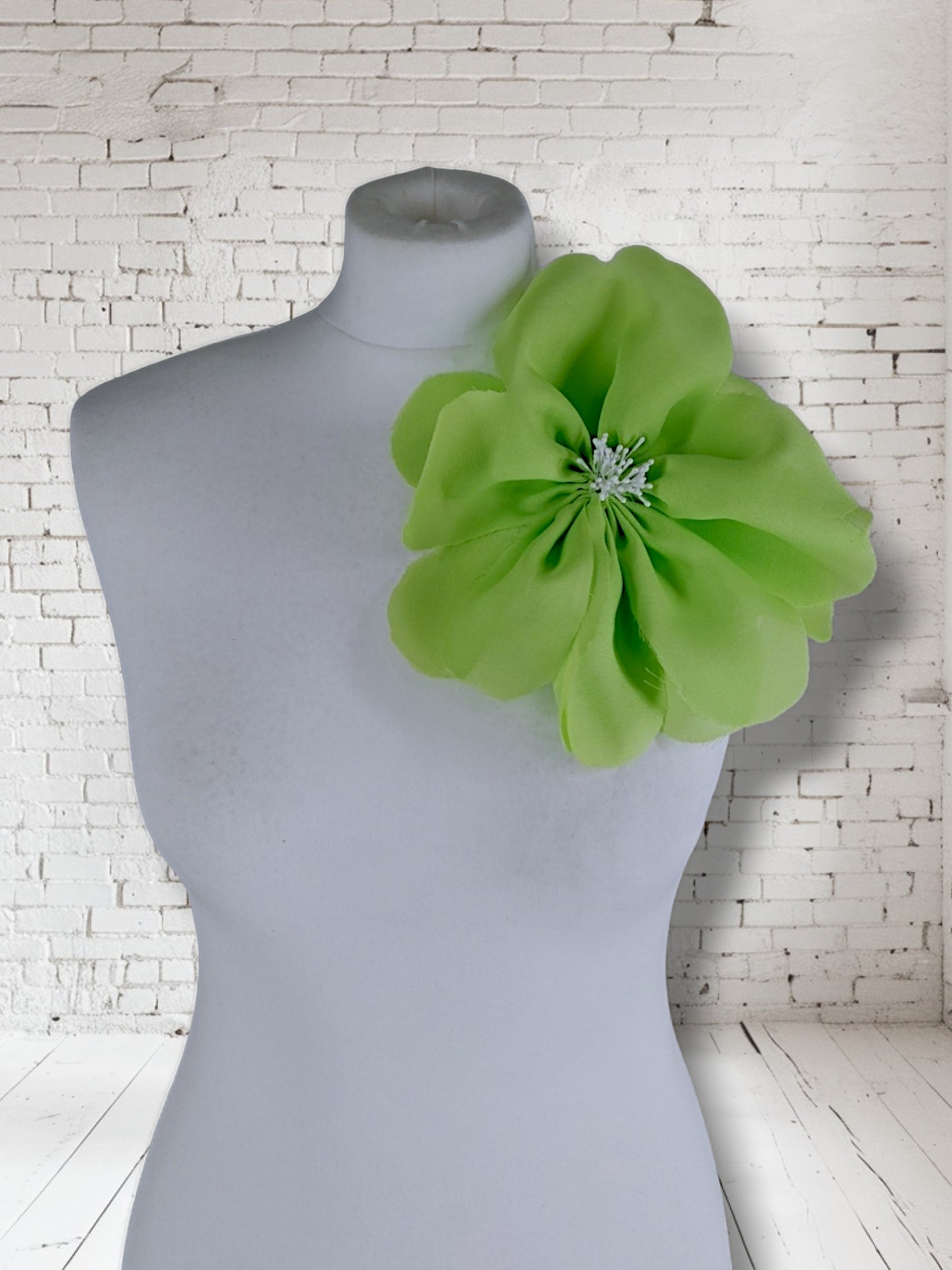 8.5" Lime Green Flower Corsage Handmade Recycled Material, Hair Slide