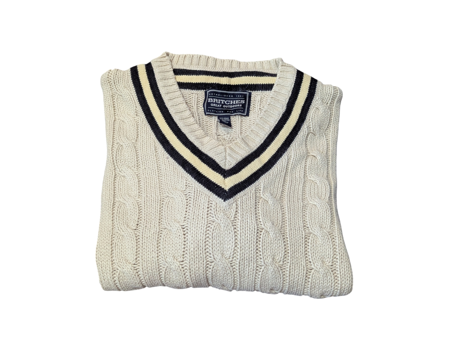 Britches Vintage Sand V-Neck Cable Preppy Knit Jumper XXL