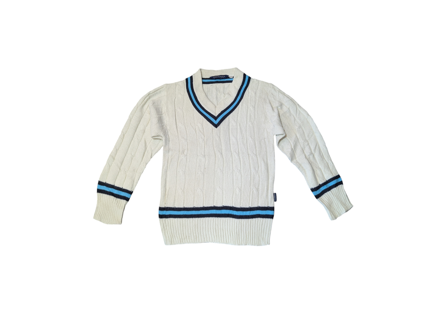 Fearnley Vintage Preppy Cable Knit Jumper V-Neck with Blue and Navy Trim Small