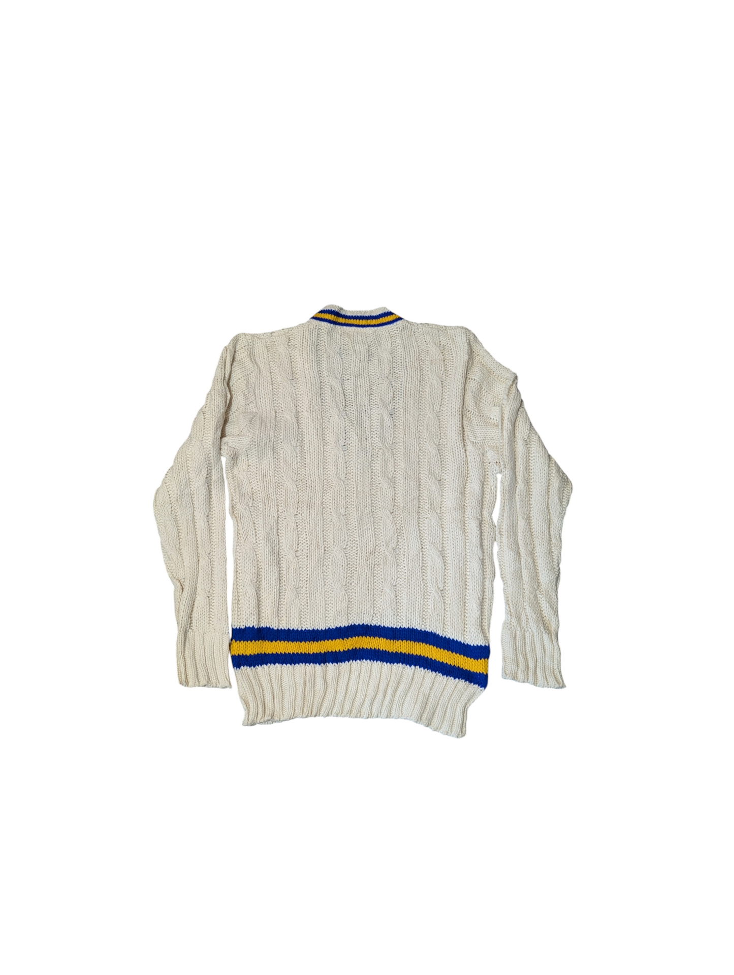 Lily Whites Vintage Preppy Cable Knit Jumper V-Neck with Blue and Yellow Trim Medium