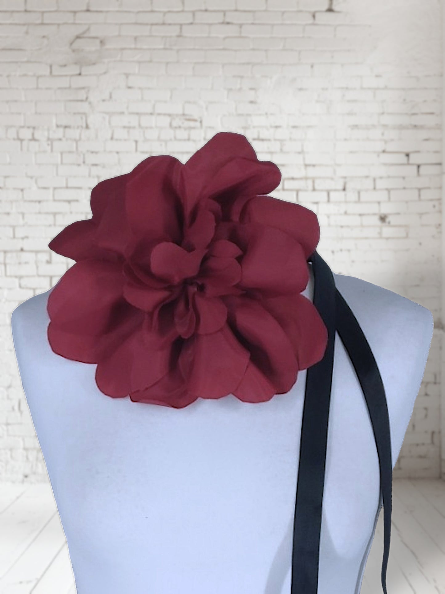 8.5" Red Flower Corsage with Black Ribbon and removable Hair Slide Handmade Recycled Material, Hair Slide