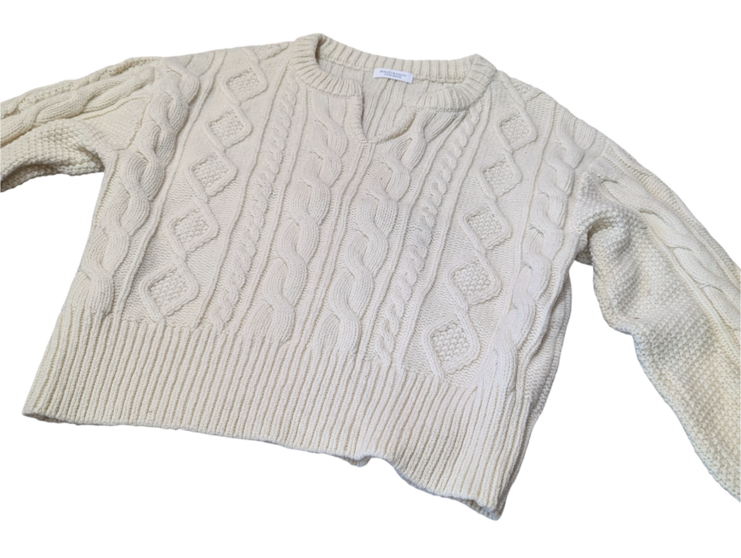 Beauty & Youth Cream Split Crew Neck Cable Knit Jumper Medium