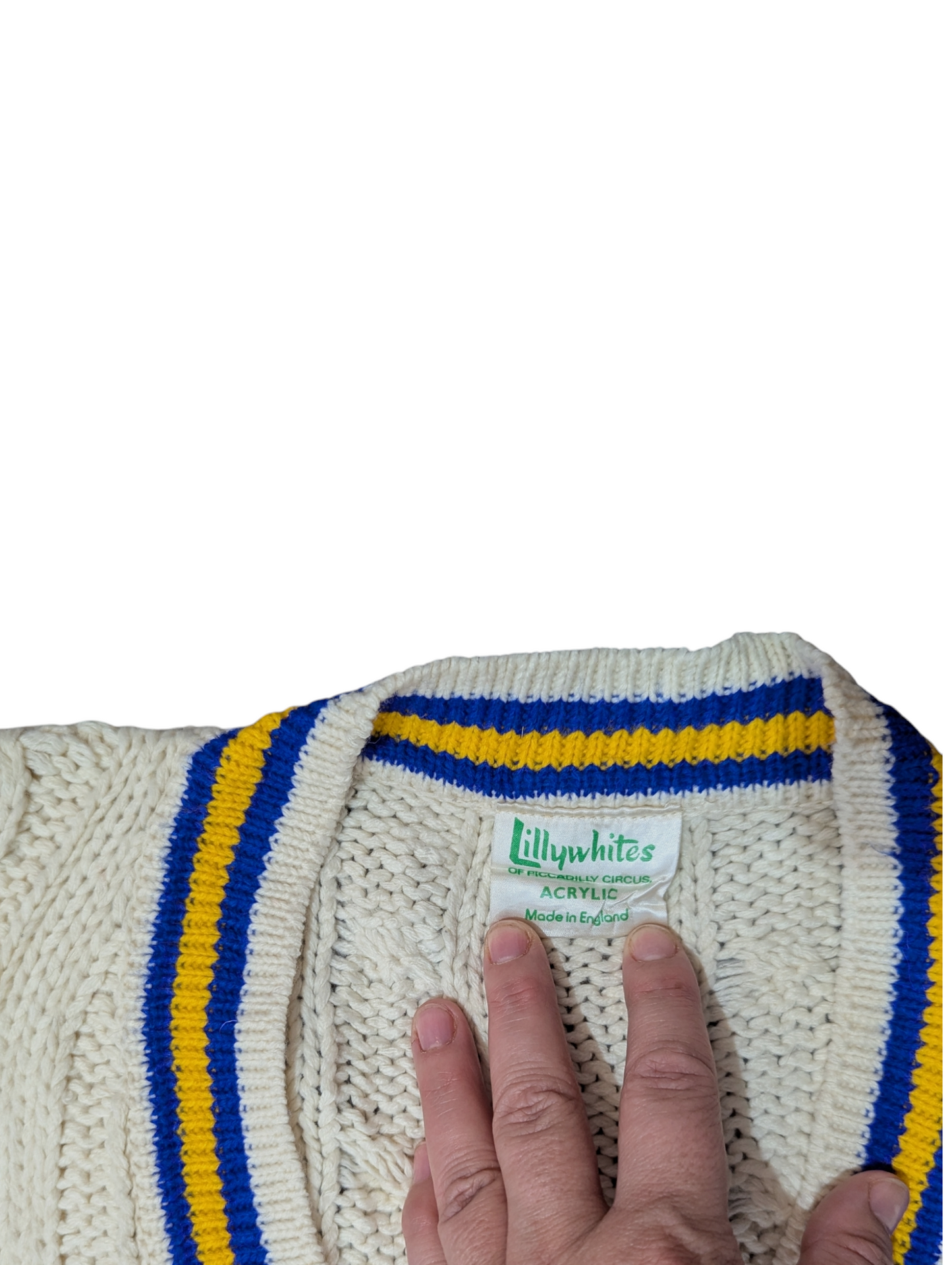 Lily Whites Vintage Preppy Cable Knit Jumper V-Neck with Blue and Yellow Trim Medium