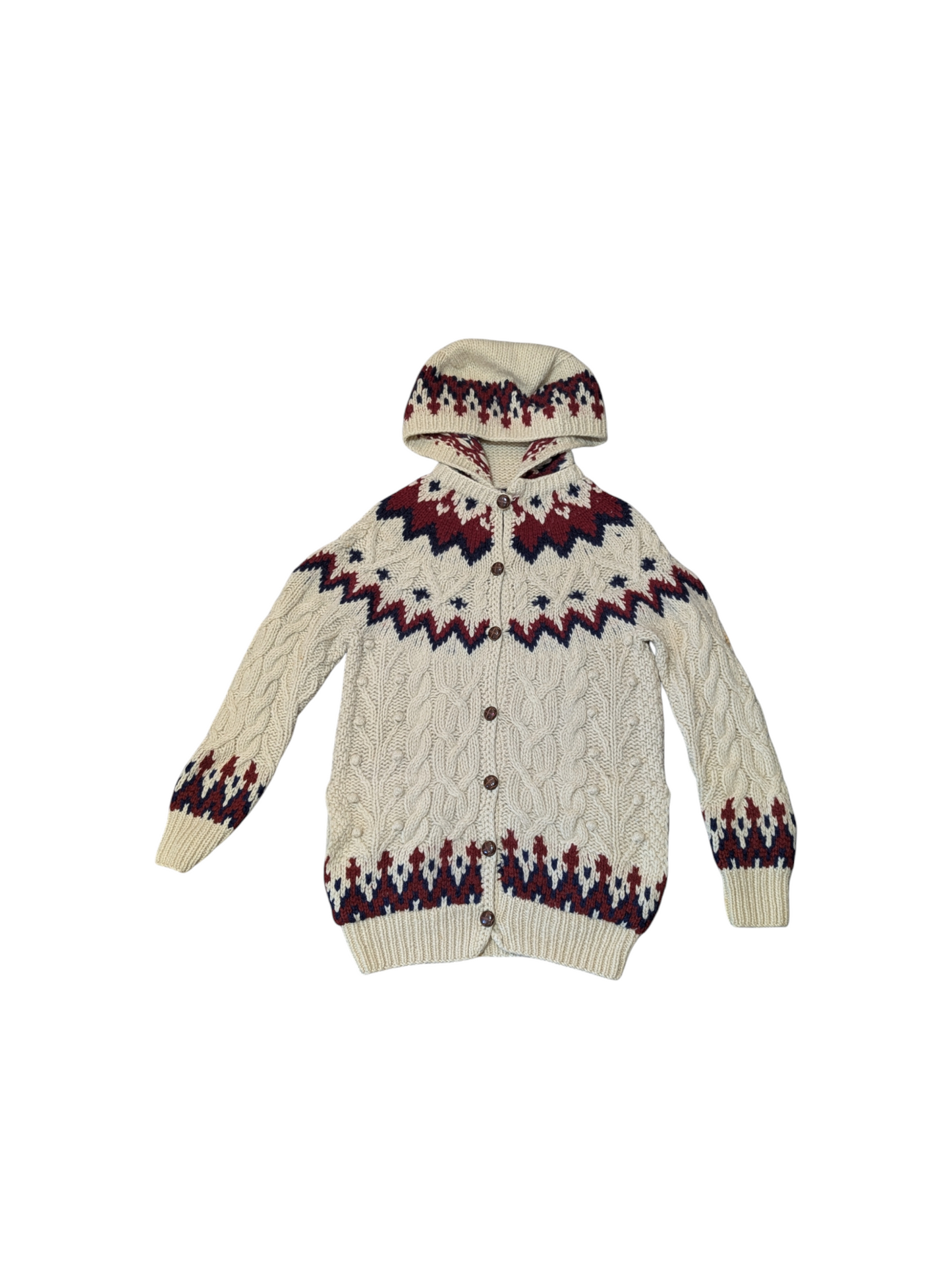 Nordic Vintage Cable Knit Hooded Cardigan Small
